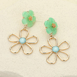 Stone Embellished Wire Flower Dangle Earrings