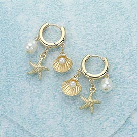 Pearl Shell Starfish Charm Dangle Huggie Earrings