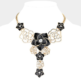 Stone Accented Enamel Rose Embellished Y Shaped Statement Necklace