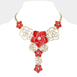 Stone Accented Enamel Rose Embellished Y Shaped Statement Necklace