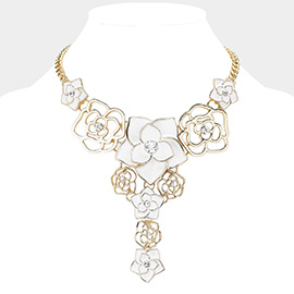 Stone Accented Enamel Rose Embellished Y Shaped Statement Necklace