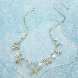 Starfish Crab Puka Shell Pearl Dolphin Sea Life Charm Station Paperclip Chain Necklace