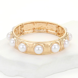 Pearl Embellished Hammered Metal Stretch Bracelet