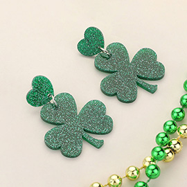 St Patricks Day Glittered Resin Shamrock Clover Dangle Earrings