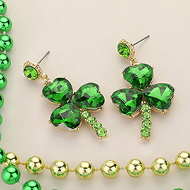 St Patricks Day Glass Stone Shamrock Clover Dangle Earrings