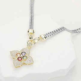 14K Gold Plated Two Tone CZ Stone Paved Clover Pendant Necklace