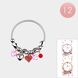 12PCS - Stone Paved Metal Heart Enamel Love Message Charm Stretch Bracelets