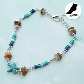 Wooden Starfish Mother Of Pearl Plate Seed Beaded Anklet