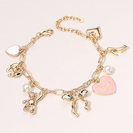 Enamel Heart Pearl Metal Teddy Bear Bow High Heel Charm Station Bracelet