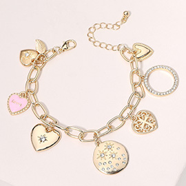 Stone Paved Heart Cross Enamel LOVE Metal Leaf Charm Station Chain Bracelet