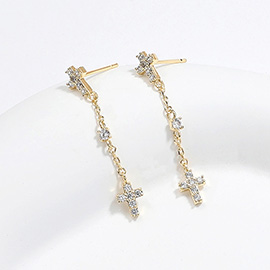 Stone Paved Cross Link Dropdown Brass Earrings