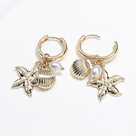 Metal Starfish Sea Shell Pearl Charm Dangle Hoop Earrings