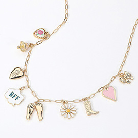 BFF Message Flower Heart Bow Mushroom Boot Charm Station Paperclip Chain Necklace