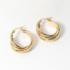 Stainless Steel Textured Twisted Pin Catch Hoop Earrings