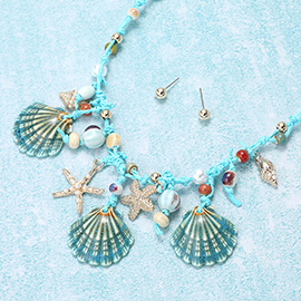 Sea Shell Starfish Puka Shell Pearl Beads Raffia Thread Necklace