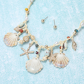 Sea Shell Starfish Puka Shell Pearl Beads Raffia Thread Necklace