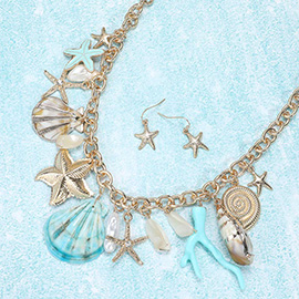 Chunky Sea Shell Starfish Pearl Miter Shell Charm Station Necklace