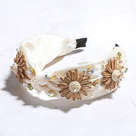 Stone Cluster Pearl Embellished Raffia Flower Pointed Satin Knot Headband