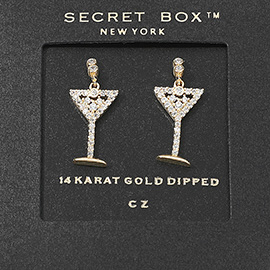 SECRET BOX_14K Gold Dipped CZ Stone Paved Cocktail Glass Dangle Earrings