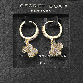 SECRET BOX_14K Gold Dipped CZ Stone Paved Quatrefoil Dangle Huggie Earrings