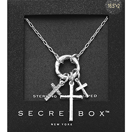 SECRET BOX_14K Gold Dipped Stone Paved Metal Triple Cross Pendant Necklace