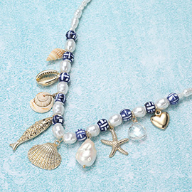 Sea Shell Puka Shell Fish Heart Starfish Pearl Charm Ceramic Ball Pearl Beaded Necklace