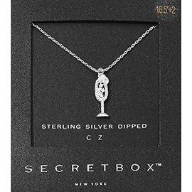 SECRET BOX_Sterling Silver Dipped CZ Stone Pearl Paved Champagne Glass Pendant Necklace