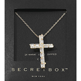 SECRET BOX_14K Gold Dipped CZ Stone Embellished Cross Pendant Necklace