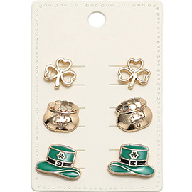 3Pairs - Metal St Patricks Shamrock Clover Enamel Leprechaun Stud Earring Set