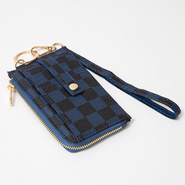 Faux Leather Checkered Flat Card Holder Wallet with Wristlet