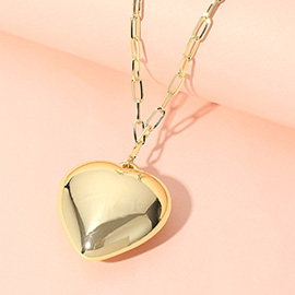 Metal Puffy Heart Pendant Paperclip Chain Necklace