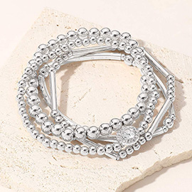 4PCS - Stone Cluster Pointed Metal Ball Bar Beaded Stretch Multi Layered Bracelets