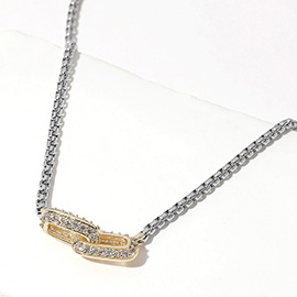 14K Gold Plated CZ Stone Paved Two Tone Link Pendant Necklace