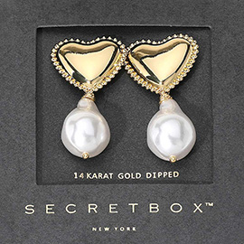 SECRET BOX_14K Gold Dipped Heart Pearl Dangle Earrings