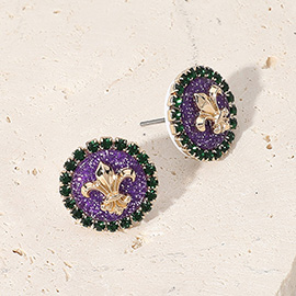 Glittered Enamel Fleur de Lis Round Stud Earrings