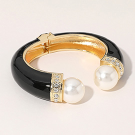 Gold Plated Pearl Tip Enamel Hinged Cuff Bracelet