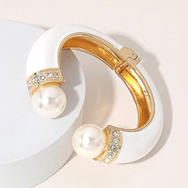 Gold Plated Pearl Tip Enamel Hinged Cuff Bracelet