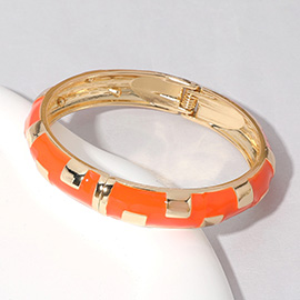 Gold Plated Geographic Patterned Enamel Hinged Bangle Bracelet