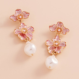 Double Colored Metal Flower Link Pearl Dangle Earrings