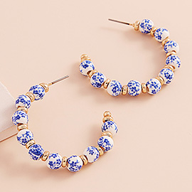 Blue Floral Patterned Ceramic Ball Beaded Hoop Earrings