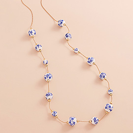 Blue Floral Printed Ceramic Ball Station Long Necklace