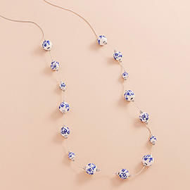 Blue Floral Printed Ceramic Ball Station Long Necklace