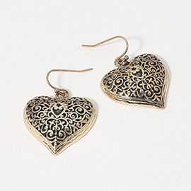 Burnished Metal Filigree Heart Dangle Earrings