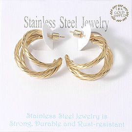 18K Gold Dipped Stainless Steel Textured Split Hoop Earrings