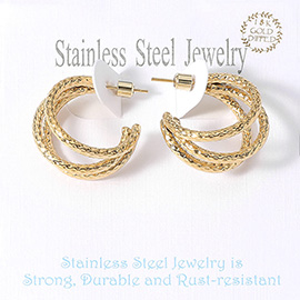 18K Gold Dipped Stainless Steel Textured Split Hoop Earrings