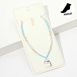 Metal Dolphin Charm Pearl Faceted Beaded Anklet