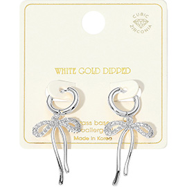 White Gold Dipped CZ Stone Paved Dangling Ribbon Huggie Earrings