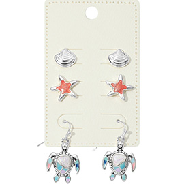 3Pairs - Metal Shell Enamel Starfish Stud Sea Turtle Dangle Earring Set