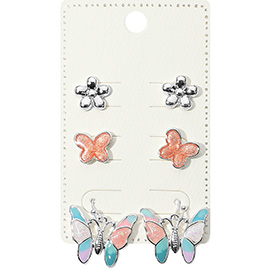 3Pairs -  Metal Flower Enamel Butterfly Stud Dangle Earrings Set