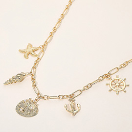 Pearl Embellished Metal Sea Shell Starfish Puka Shell Anchor Wheel Charm Station Necklace